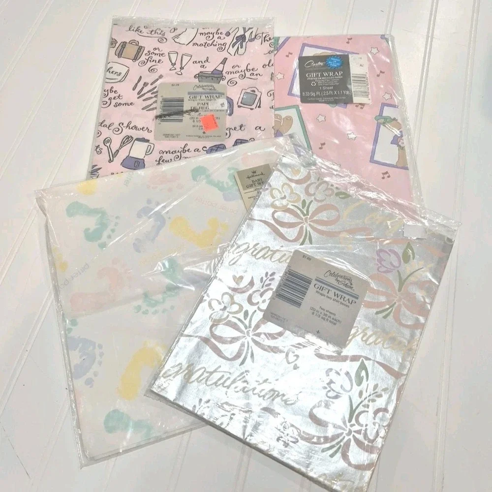 4 Assorted Vintage Gift Wrap Wrapping Paper Sheets Baby Shower & Wedding